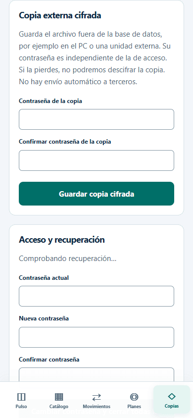 Copias cifradas y acceso privado de KapuControl; captura del espacio de prueba