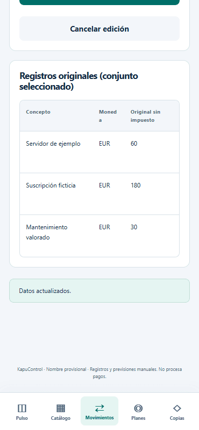 Registro de movimientos en KapuControl, dentro del conjunto ficticio separado